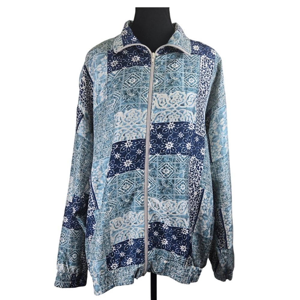 Vintage Oleg Cassini 100% Silk Womens Bomber Jacket Large Boho Floral Patchwork